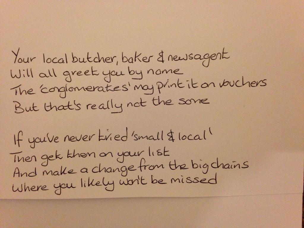 RobinStent's tweet photo. Here's a #ShopLocalSaturday poem from @ruthannebaxter http://t.co/EgJWVkBDtx