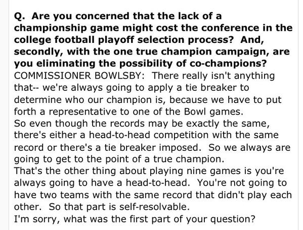 BaylorFansCom's tweet photo. #Baylor-Bowlsby  "Were always going to apply a tie breaker to determine our champion" #SicEm 
http://t.co/u0IImgbVdF http://t.co/F7hJmpUPwk