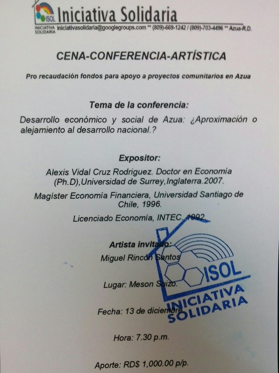AVCruzRodriguez's tweet photo. Invitación cena-conferencia pro recaudación fondos proyectos comunitarios Azua @lor2145 @Vladimircpf @cearahatton  http://t.co/zRTh7oYCFV