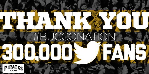 Pirates's tweet photo. We passed 300,000 followers &amp; want to say THANK YOU, Bucco Nation!
RETWEET for a chance to win a tee! #PiratesThanks http://t.co/wATpgNNkr2