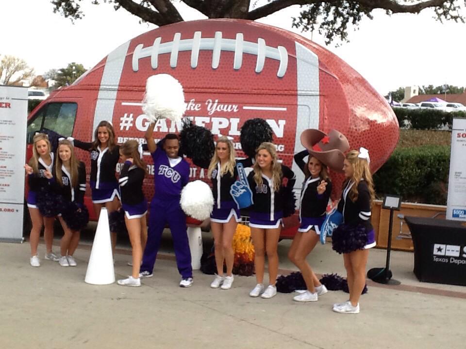 TxDOT's tweet photo. Hey #TCU fans, come make your sober ride #gamplan. We're in Frog Alley on the east side of Amon G. Carter stadium. http://t.co/kTWkVINDBv