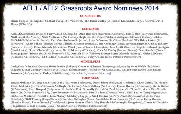DubMatchTracker's tweet photo. Attached are the #AFL 1 &amp; 2 @GrassrootsGaa / @SunSportGAA Award Nominees for tonights Awards in #CFJs. Arrive @ 8pm - http://t.co/i993CikHY1