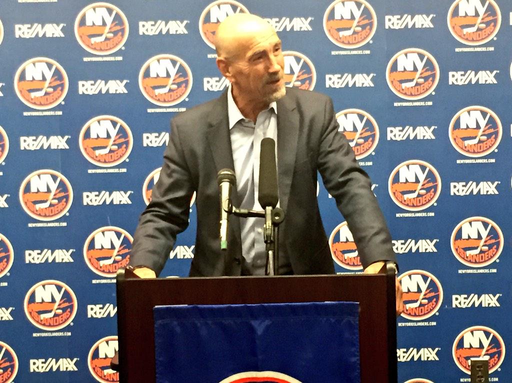 NYIslanders's tweet image. Bobby Nystrom speaks to the media prior to today's pre-game ceremony honoring the man that scored "The Goal." #Isles
