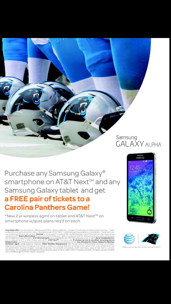 PanthersPromos's tweet photo. Buy a #SamsungAlpha at select Charlotte area @ATT stores and get 2 #Panthers tickets to a future home game http://t.co/dEervsqx4f