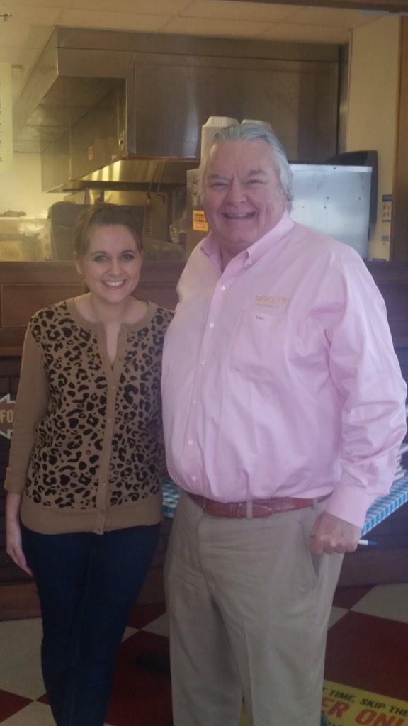 Dickeys's tweet photo. Mr. Dickey with @SarahBroadus celebrating the launch of her new menu item in Cummings, GA! #OnTheMenu http://t.co/JpfLzDN3Ya