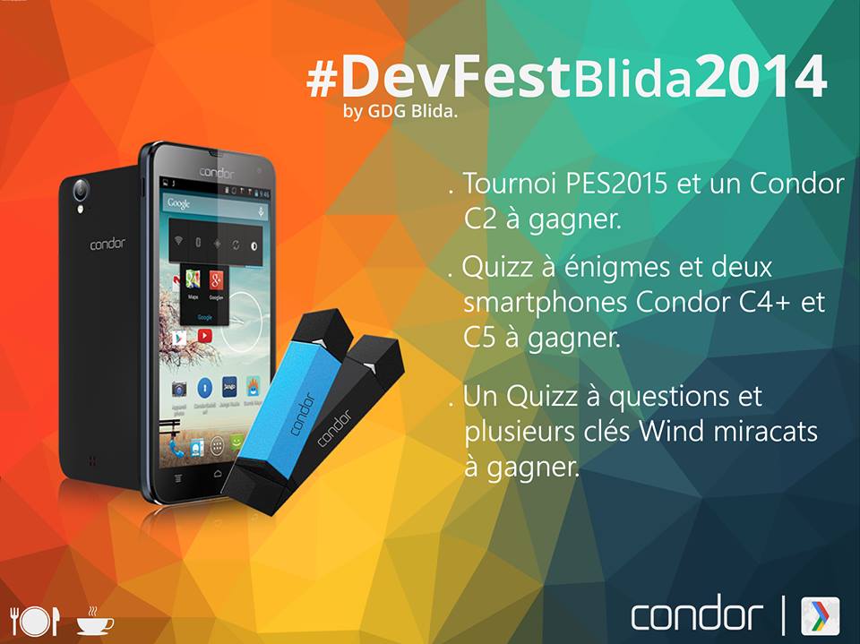 GDGBlida's tweet photo. 3 smartphones #Condor et plusieurs Wind miracats offerts par @CondorInfor . #DevFestBlida2014 http://t.co/bqIWaEmBDD
