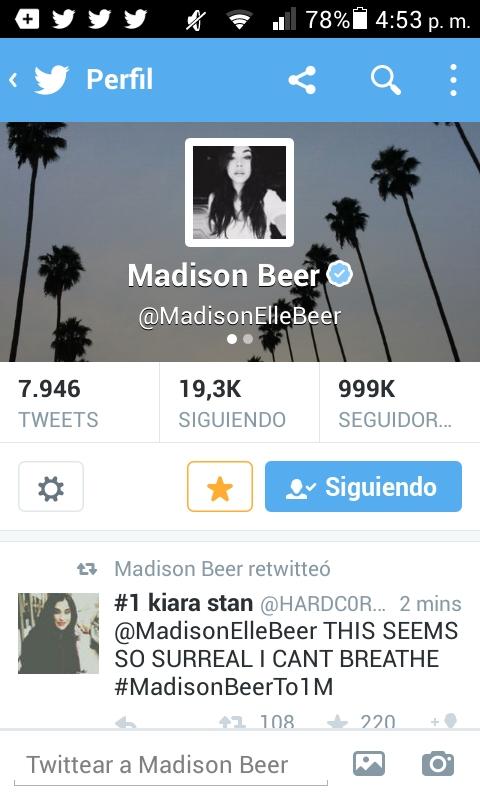 secretlyxbutera's tweet photo. OMGGGG 1 MILLION SOON @MadisonElleBeer #MadisonTo1M http://t.co/xk8qHyKcct