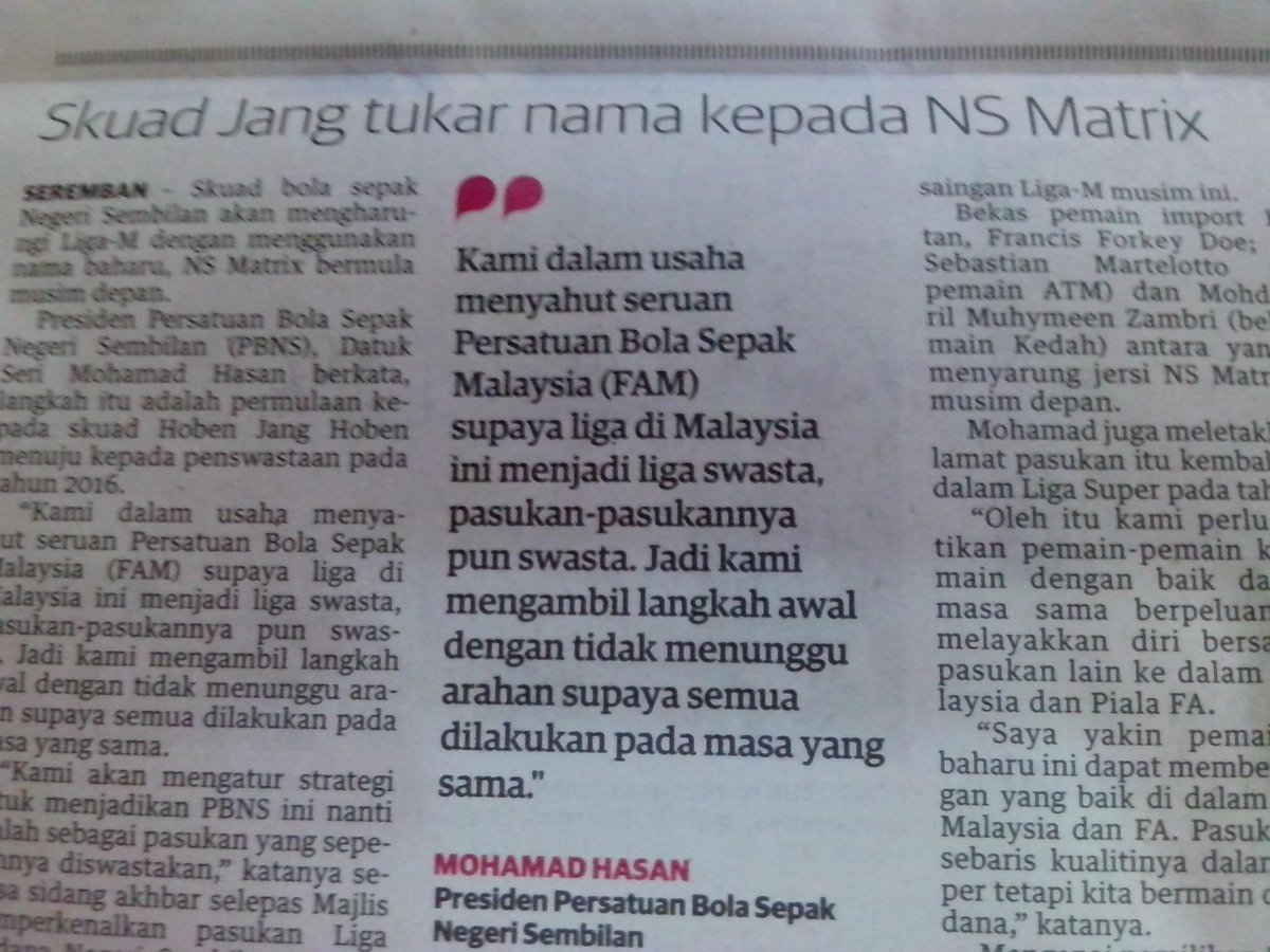 KtnFa's tweet photo. off topik...
skuad liga premier 2015 NegSembilan telah tukar nma kpd NS Matrix @infobola_N9 http://t.co/BgQwnLerfl