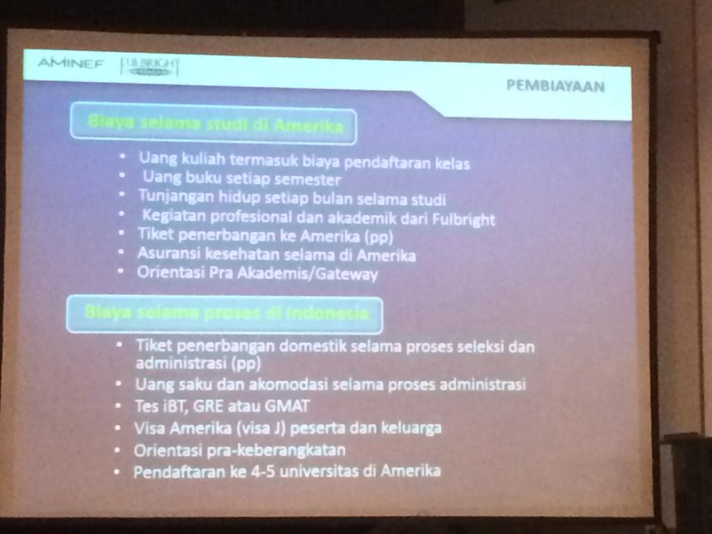 racsemanggi's tweet photo. Berikut paparan biaya beasiswa Fullbrigt, AMINEF selama studi di Amerika dan biaya selama proses di Indonesia. #SMF4 http://t.co/nYxgi4xDyo