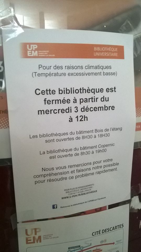 La bibliothèque de l'Université Paris-Est Marne-la-Vallée ferme... faute de chauffage ! B4Q84yTIAAAj6yf