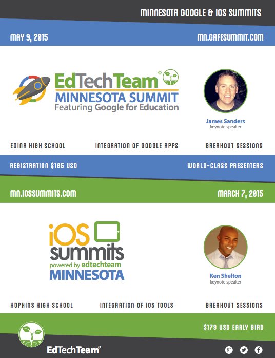 Great upcoming MN PD with <a href="/edtechteam/">EdTechTeam, Inc.</a>! #ipaded #iossumit and #Googleedu. Both events SOLD OUT last year. #ties14