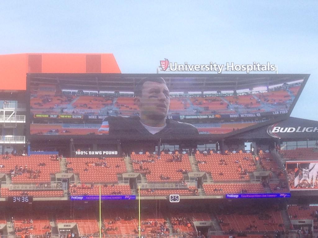 Johnny Manziel...bigger than life, in the spotlight at Browns Stadium. Happy belated Birthday Johnny!!! 