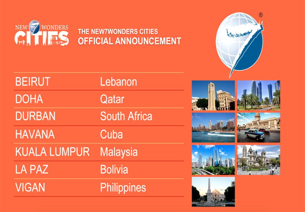 new7wonders's tweet photo. The #New7Wonders Cites are: Beirut, Doha, Durban, Havana, Kuala Lumpur, La Paz, Vigan: http://t.co/PNYZHqr4ek http://t.co/4F6jvQUmoK