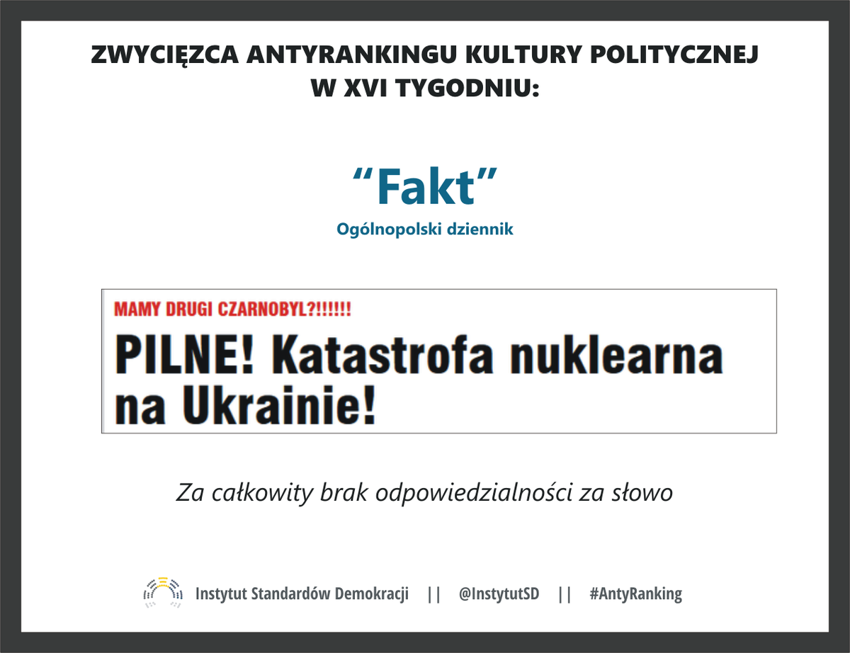 InstytutSD's tweet photo. W 16. tygodniu rankingu mamy powrót na "szczyt". Drugi już raz zwycięzcą Antyrankingu Kultury Polit. zostaje @FaktPL http://t.co/oJedEIQYW5