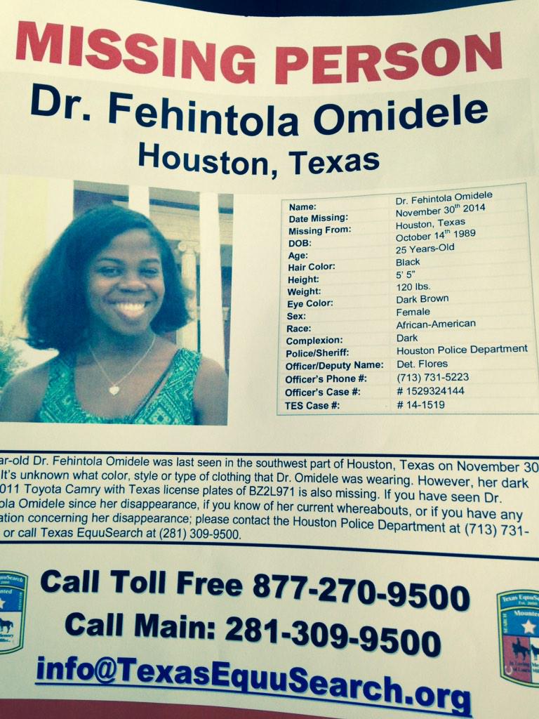 AliceBarrNBC's tweet photo. Young doctor Fehintola Omidele found safe in El Campo. Relief and joy for family and friends #FindFT #KHOU http://t.co/odhIdKcYTM
