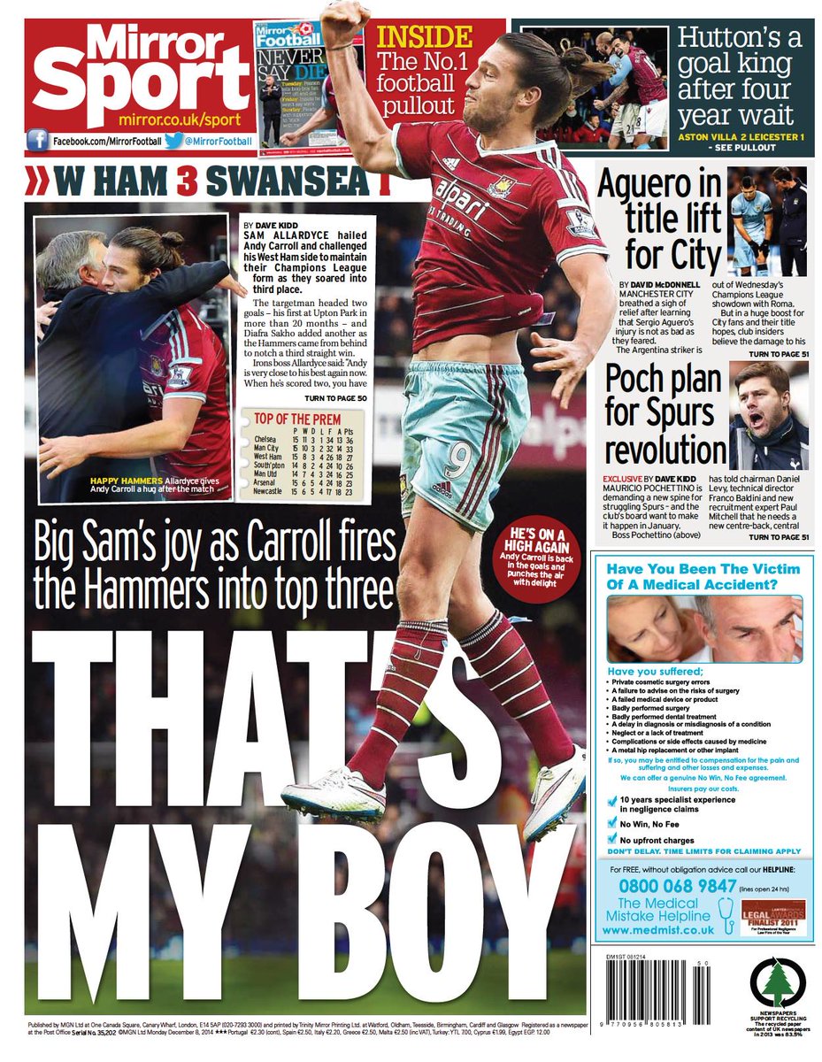 Portada de The Mirror del 8 de Diciembre
