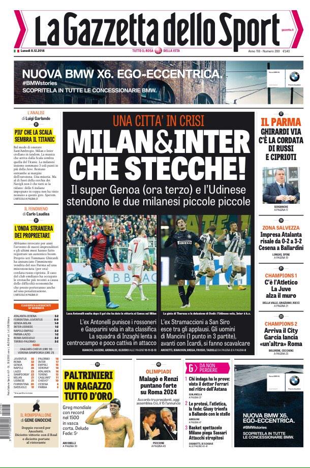 Portada de La Gazzetta dello Sport del 8 de Diciembre