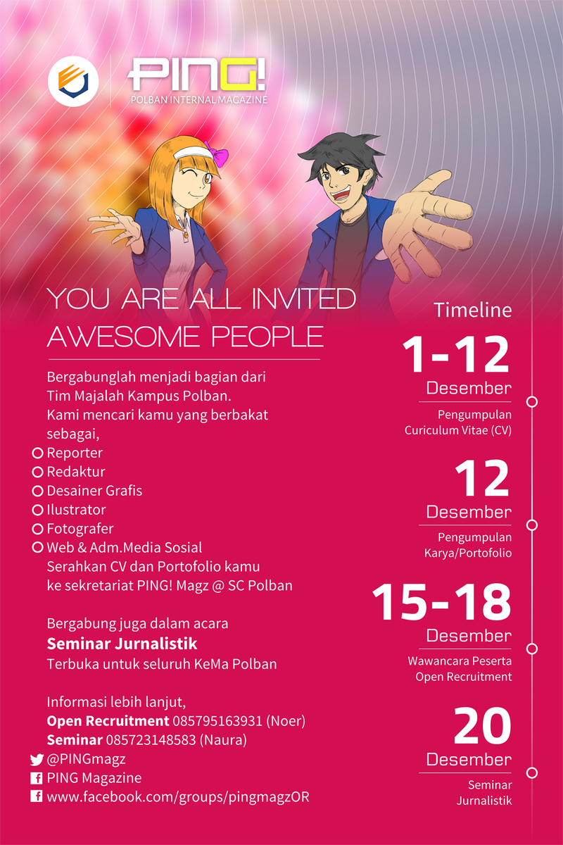 PINGmagz's tweet photo. Halo 2013!
Join us to be the next journalist! 
Pendaftaran: 1-12 Des'14 cc: @polban_2013

Klik http://t.co/4cHjnTTnUs http://t.co/ANNerAeOIC