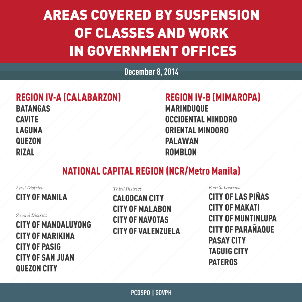 Areas covered by the suspension of classes and work in government offices.