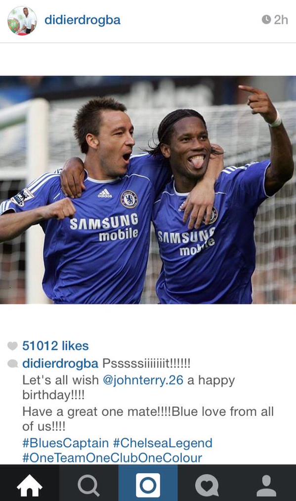 Didier Drogba memberi ucapan happy birthday kepada John Terry melalui instagram.  