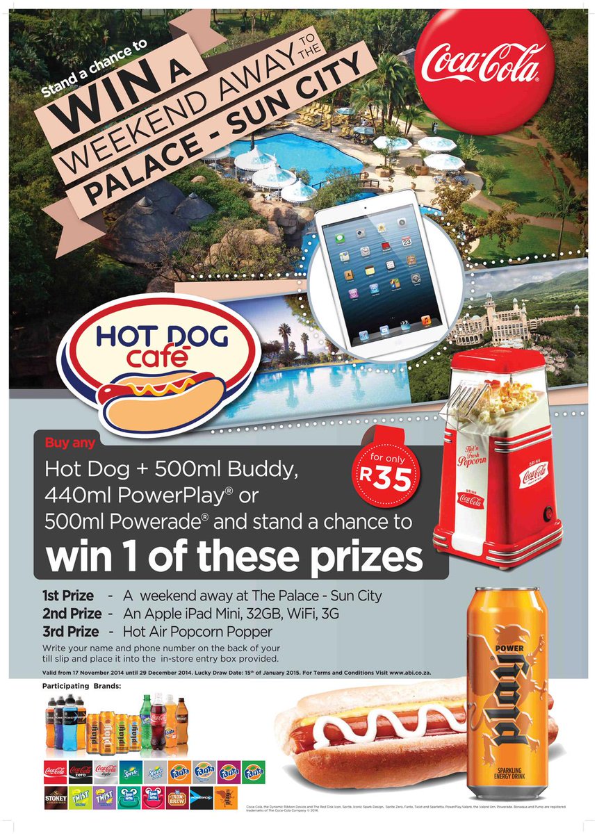 HotDogCafeSA's tweet photo. #WIN A WEEKEND AWAY TO #THEPALACE - @SunCityResortSA

For only R35!

Simply buy a Hot Dog &amp; Buddy from @HotDogCafeSA http://t.co/S9N65SafCa