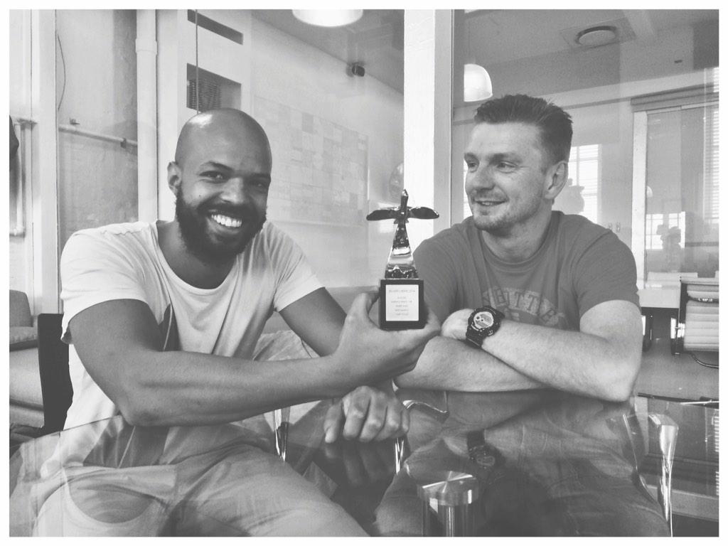 photo_bunny24's tweet photo. A silver Loerie has flown into the 34 office! Our creative directors look like proud papas. #LifeAt34 #Loeries2014 http://t.co/Aix79ZKieg