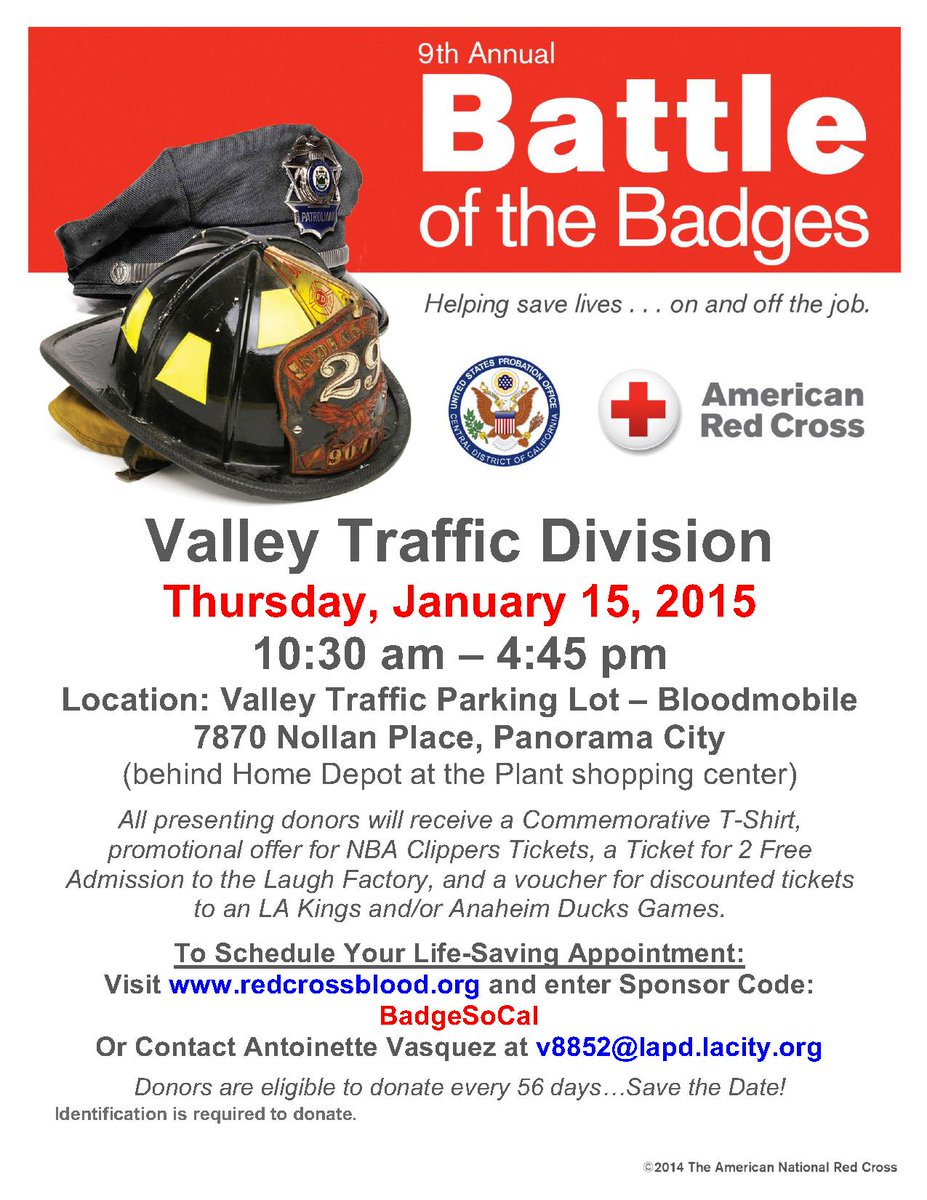 LAPDVTD's tweet photo. AmericanRedCross is holding a VTD blooddrive on Jan 15.Lots of promotional offers.Make an appt http://t.co/6xYTNISUSM http://t.co/CVWI2PVGSW