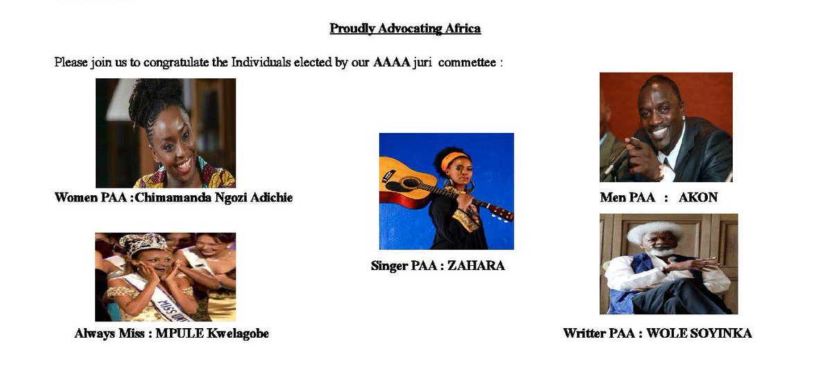 #5Awards for Individual who are already Proving our visoin of Accepting african Advocating Africa(AAAA)#fb
