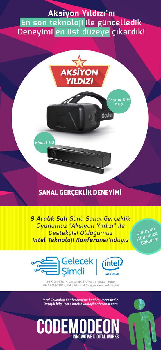 codemodeon's tweet image. #oculusriftdk2 ve #kinectforwindows #v2 ile "Aksiyon Yıldızı" Intel Teknoloji Konferansı'nda olacak.