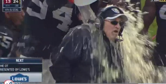FootballFocus18's tweet photo. #Raiders coach gets Gatorade bath after beating #49ers!
2 wins this season, this may not... http://t.co/AJoCBAZHpU http://t.co/8fyr6gfyjc