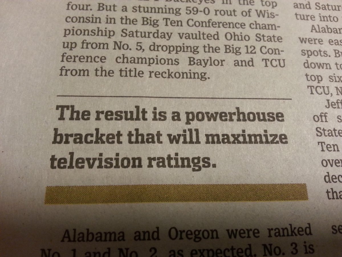 dr_ledbetter's tweet image. Yep @WSJ, nailed it. #allaboutthemoney #notlegitimate #CFBPlayoff #TCU #Baylor #OhioState