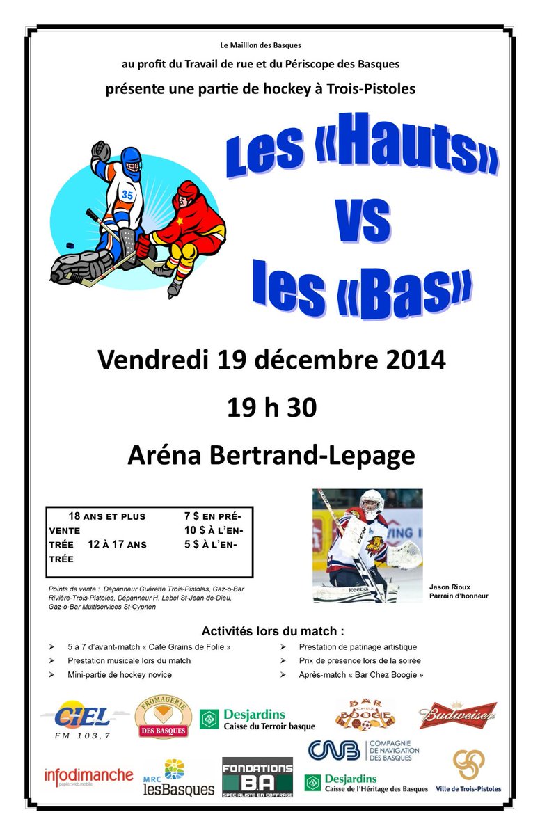 FredsJean's tweet photo. Partie de hockey Les "Hauts vs les "Bas" avec @rioux30 vendredi 19 décembre 2014, 19h30, à l'Aréna Bertrand-Lepage. http://t.co/udMlPT7V6x