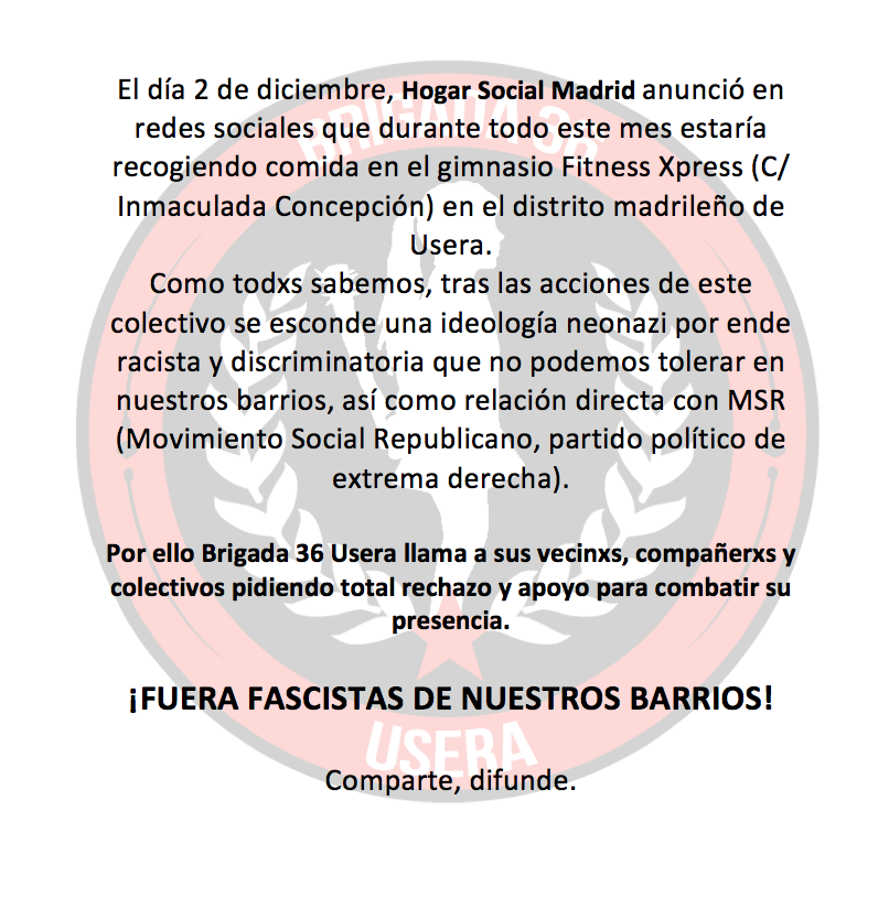 BRIGADA36's tweet photo. Comunicado contra el Hogar Social Madrid y su actividad en nuestros barrios. 

COMPARTE, DIFUNDE. http://t.co/zXpEgGDFqQ
