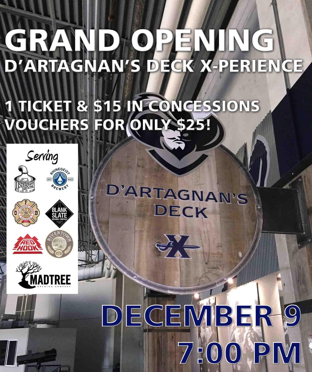 XUConcessions's tweet image. Join us @CintasCenter for the debut of #DArtagnansDeck! Ticket and $15 in concessions for $25! GOXAVIER.COM/buytickets