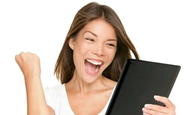 verge's tweet photo. Behold! "Women Laughing Alone With Tablets" is now a thing: http://t.co/cMMxkGCFc8 http://t.co/s0RBjQUv0C