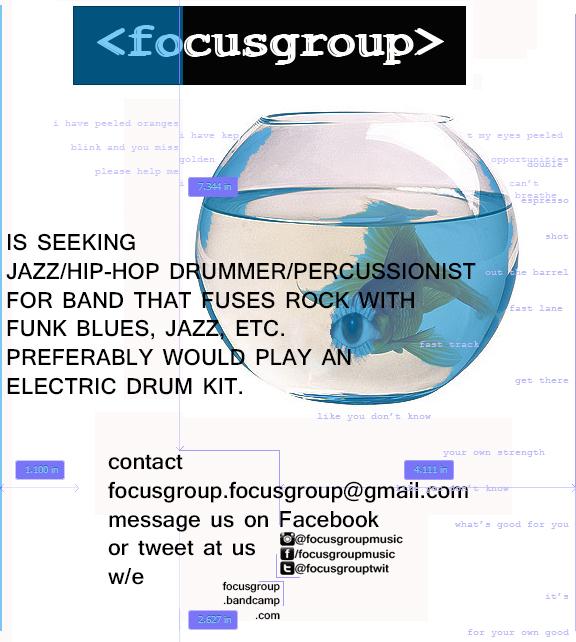 focusgrouptwit's tweet photo. Seeking drummer/percus. See pic. #stl #indiemusic #local http://t.co/B0ae2If3c8