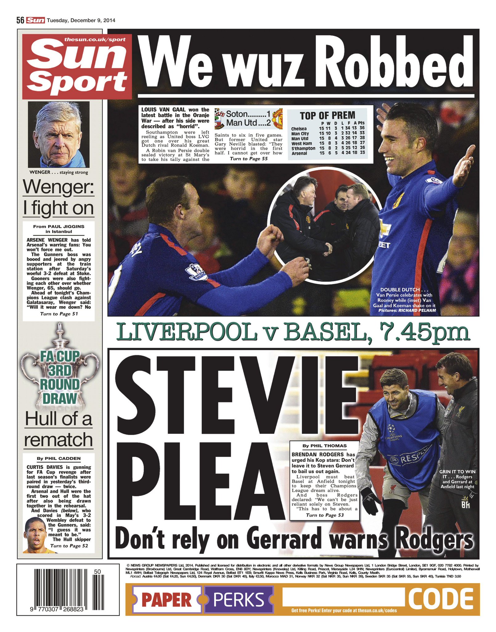 Portada del Sun Sport del 9 de Diciembre