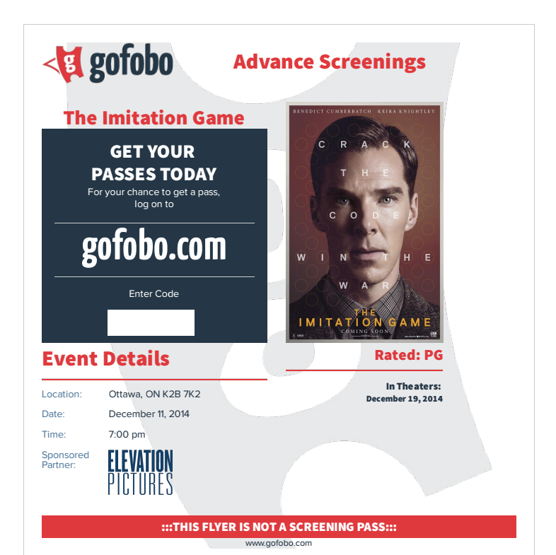 LevelOneGamePub's tweet photo. RT for a chance to win 1 of 5 pairs of tickets to see an advanced screening of the Imitation Game. #Ottawa #FreeStuff http://t.co/pfF0OFLGU4