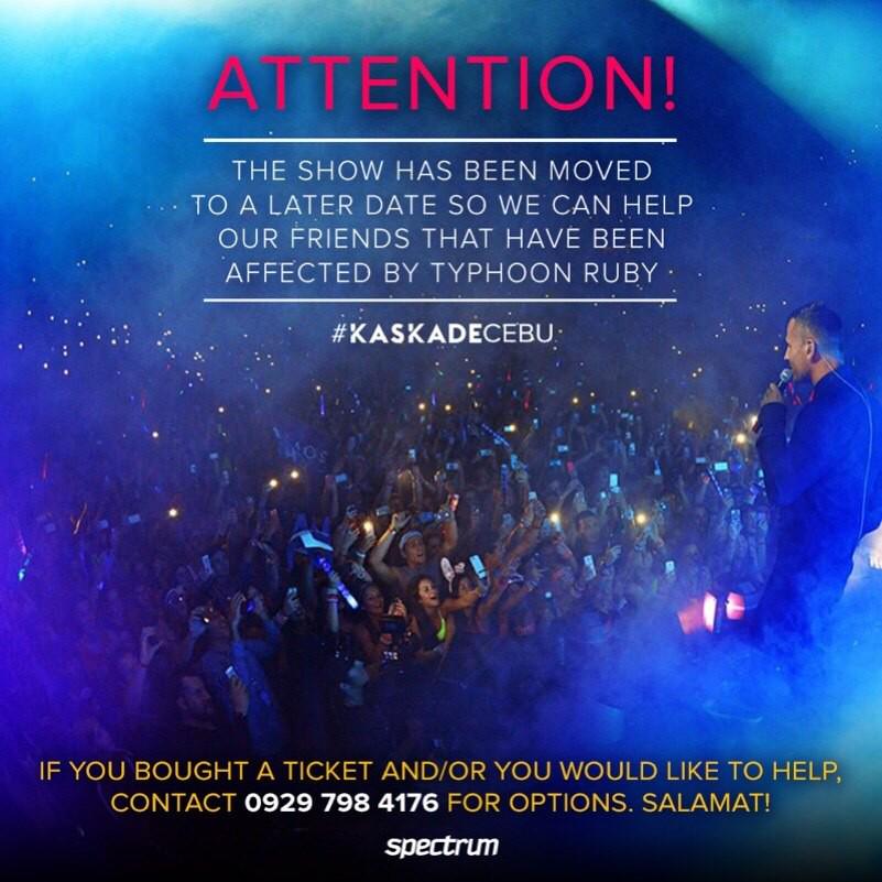 kazonozawa's tweet photo. Dear Cebu,
Due to recent events, we've decided to move #KASKADECEBU to give way for relief & recovery efforts. http://t.co/kQEh7pb6YK