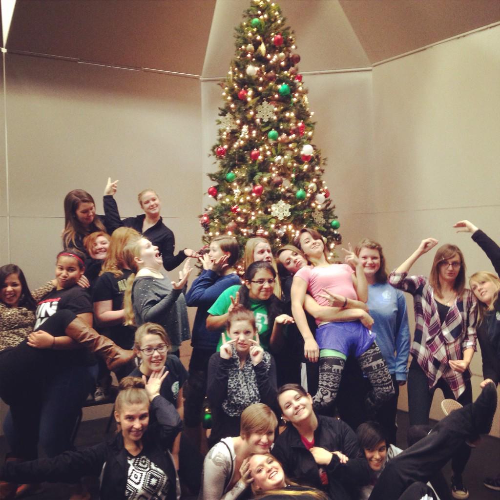 Easleybands's tweet photo. The Colorguard decorated the big 12ft tree today! What a silly bunch! #christmascheer http://t.co/i774jHWFL0