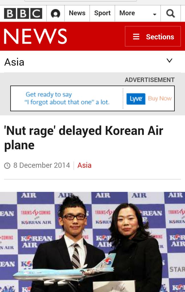 <"땅콩열폭"으로 딜레이된 대한항공 비행기>이란 제목의 BBC뉴스..부끄럽다..ㅠㅠ
BBC News - 'Nut rage' delayed Korean Air plane bbc.com/news/world-asi…