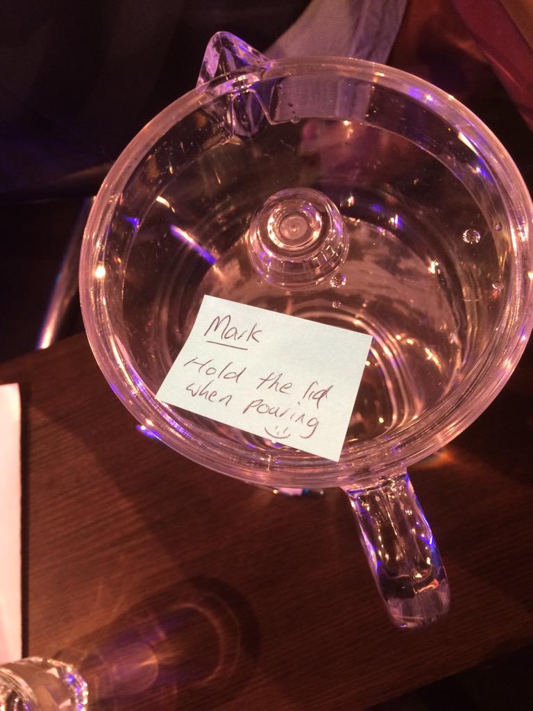 Andrew_Mulligan's tweet photo. #JugGate continues on set. Note left for Mark on how to pour from the jug... #fascinating http://t.co/ckkSFKrkTR