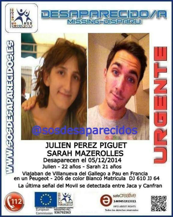 Ayuda y RT Buscamos a Sarah y Julien, 2 jóvenes #franceses #desaparecidos cuando viajaban por #Huesca Si los ves #062