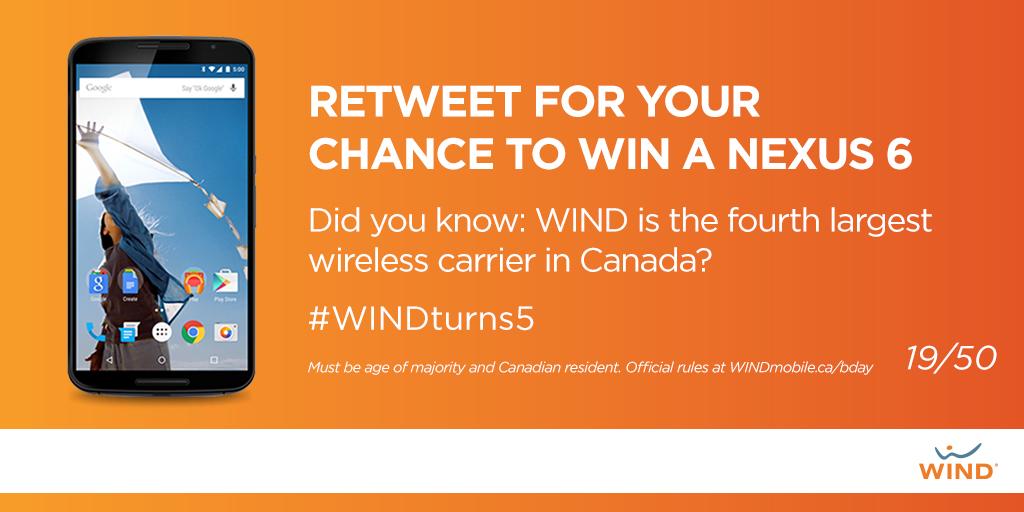 WIND #BirthdayGift! RT this post in the next 5min for a chance to win the 19th #Nexus6!