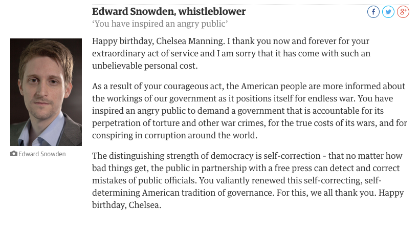 Edward Snowden wishes happy birthday to the extraordinary Chelsea Manning  