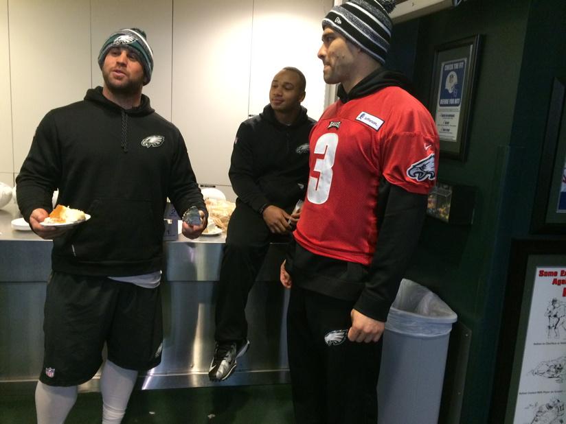 Happy Birthday to RB Chris Polk. Wishes and eating the cake from and Mark Sanchez 
