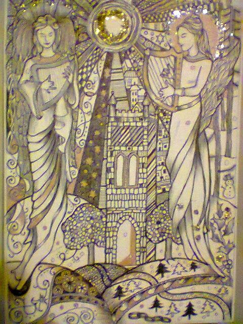 mitsyarty's tweet photo. #ChristmasCards 'Angels and cathedral' ink, textile and wax #thedailysketch http://t.co/3iQJdFPeCF