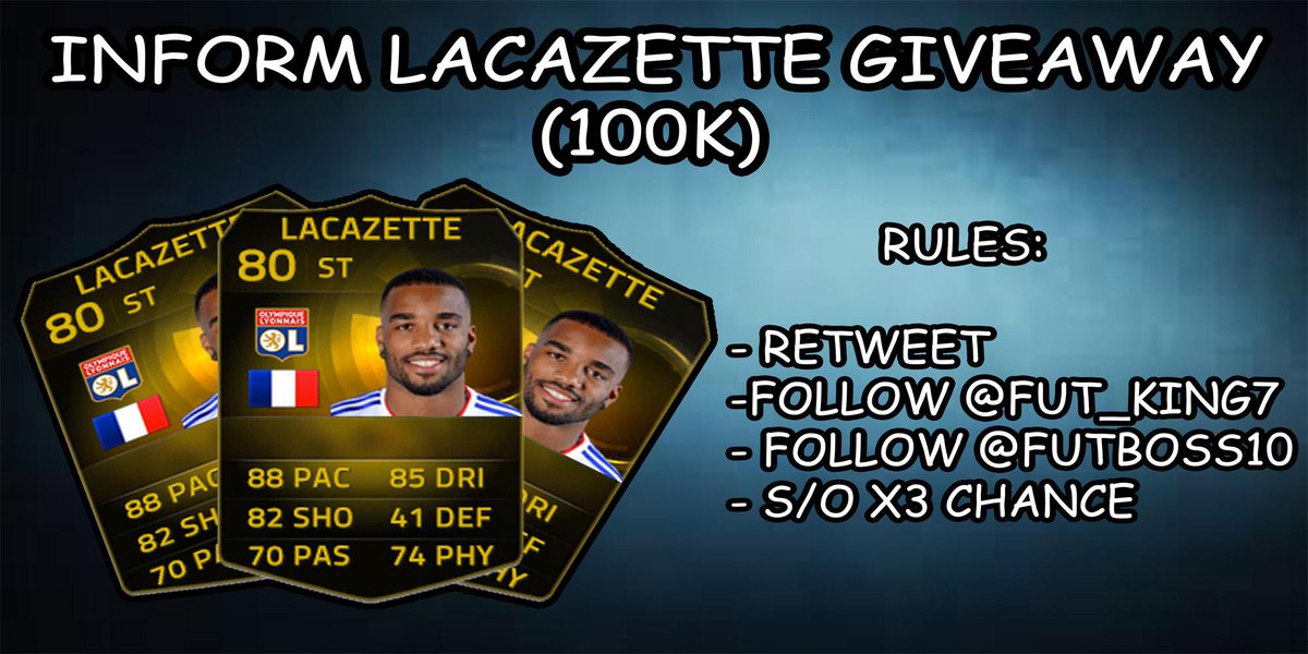 futboss10's tweet photo. INFORM LACAZETTE GIVEAWAY (100K)
- MUST RT
- MUST FOLLOW @FUT_KING7
- MUST FOLLOW @futboss10 
WINNER VERY SOON http://t.co/JuIYvBjFkQ