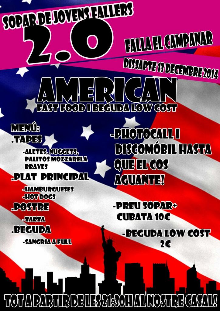 SOPAR DE JOVES FALLERS 2.0 AMERICAN.Aquest dissabte 13! SOPAR + BEGUDA 10€   Tu que eres faller/a t'ho vols perdre?