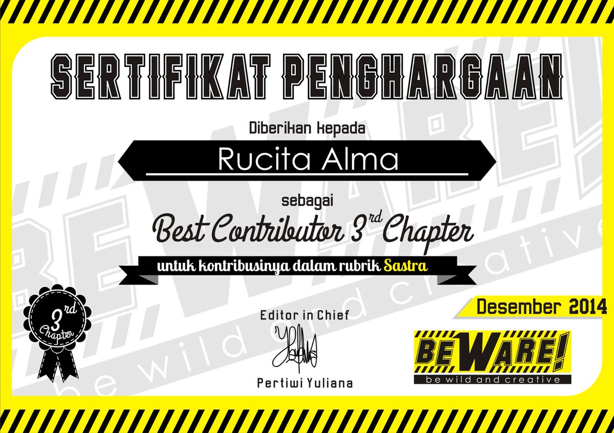 Selamat kepada @rucitaalma! Kamu terpilih sebagai "Best Contributor" Beware! Magz chapter ke 3 :D #BewareMagz *GM*